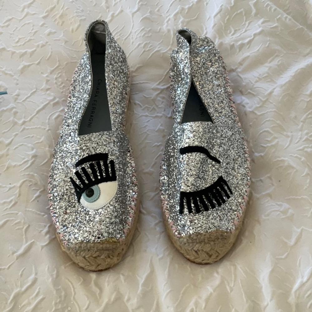 NWT CHIARI FERRAGNI silver sparkle espadrilles eu40, 9.5 10 eye design